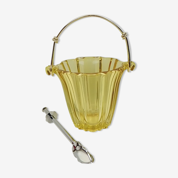 Yellow glass ice bucket, metal handle and pliers