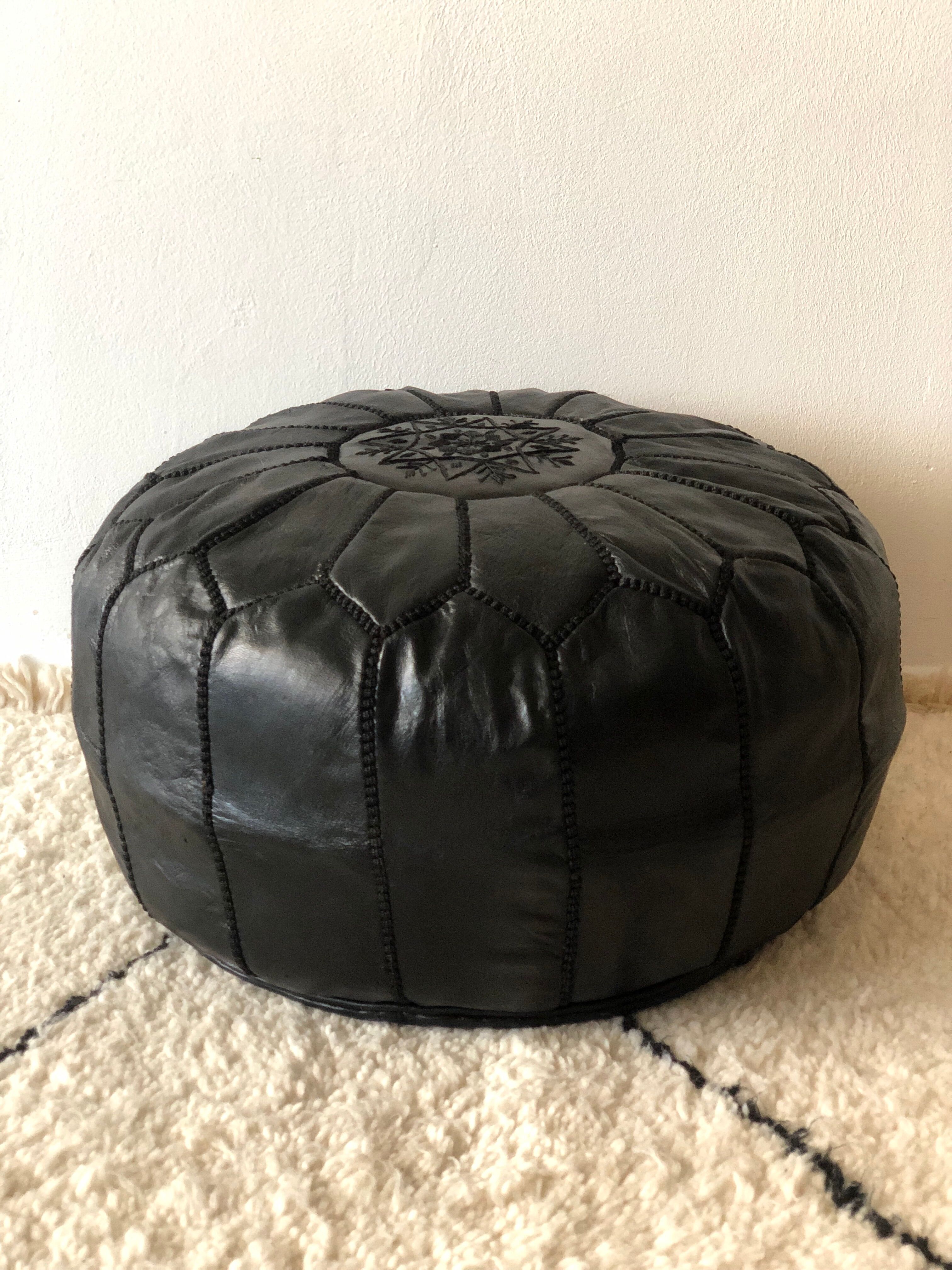 Contemporary leather full black pouf