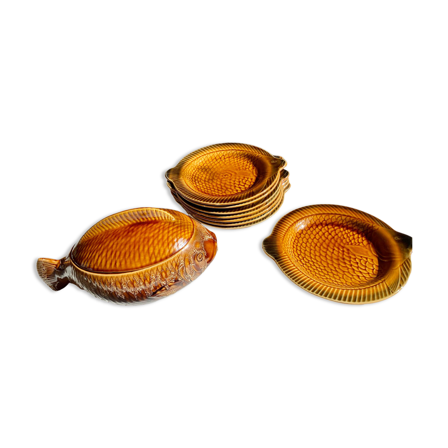 Fish service 8 plates and ceramic soup slurry Sarreguemines vintage 60
