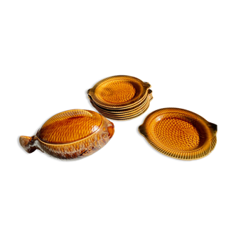 Fish service 8 plates and ceramic soup slurry Sarreguemines vintage 60