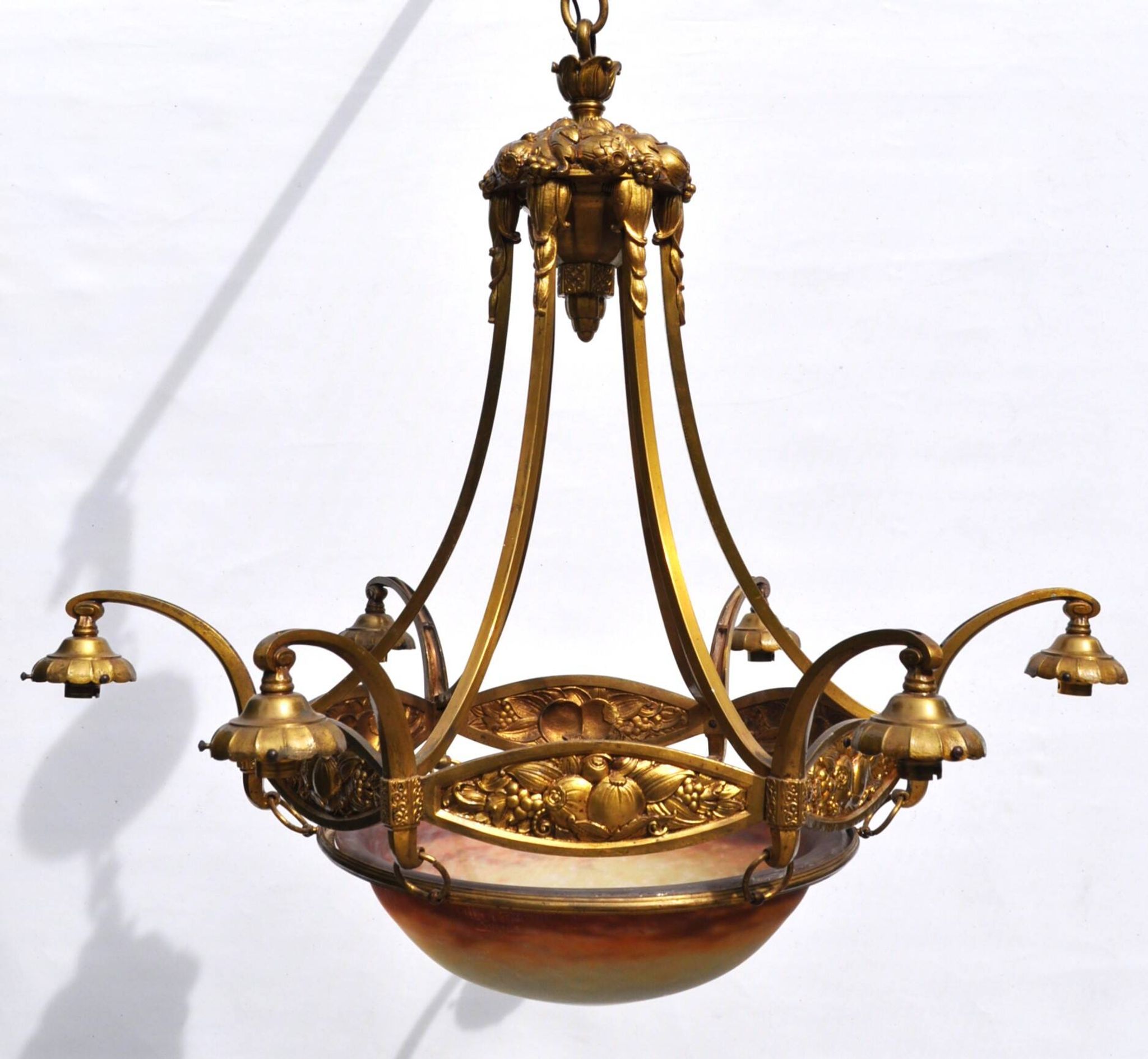 Muller frères Art Deco Chandelier - Bronze & Glass Paste - 1930s