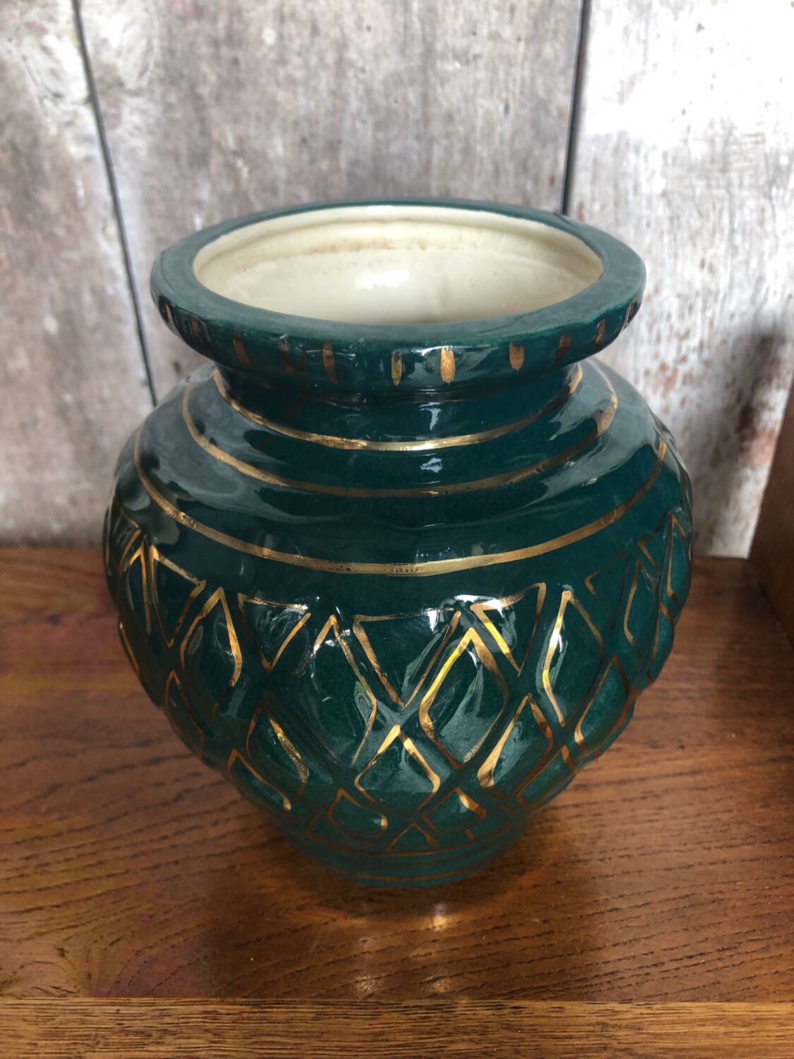 Old vallauris vase green ceramic & vintage gold decor #a798