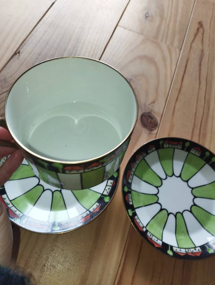 Antique cup and two saucers – Art Deco geometric design