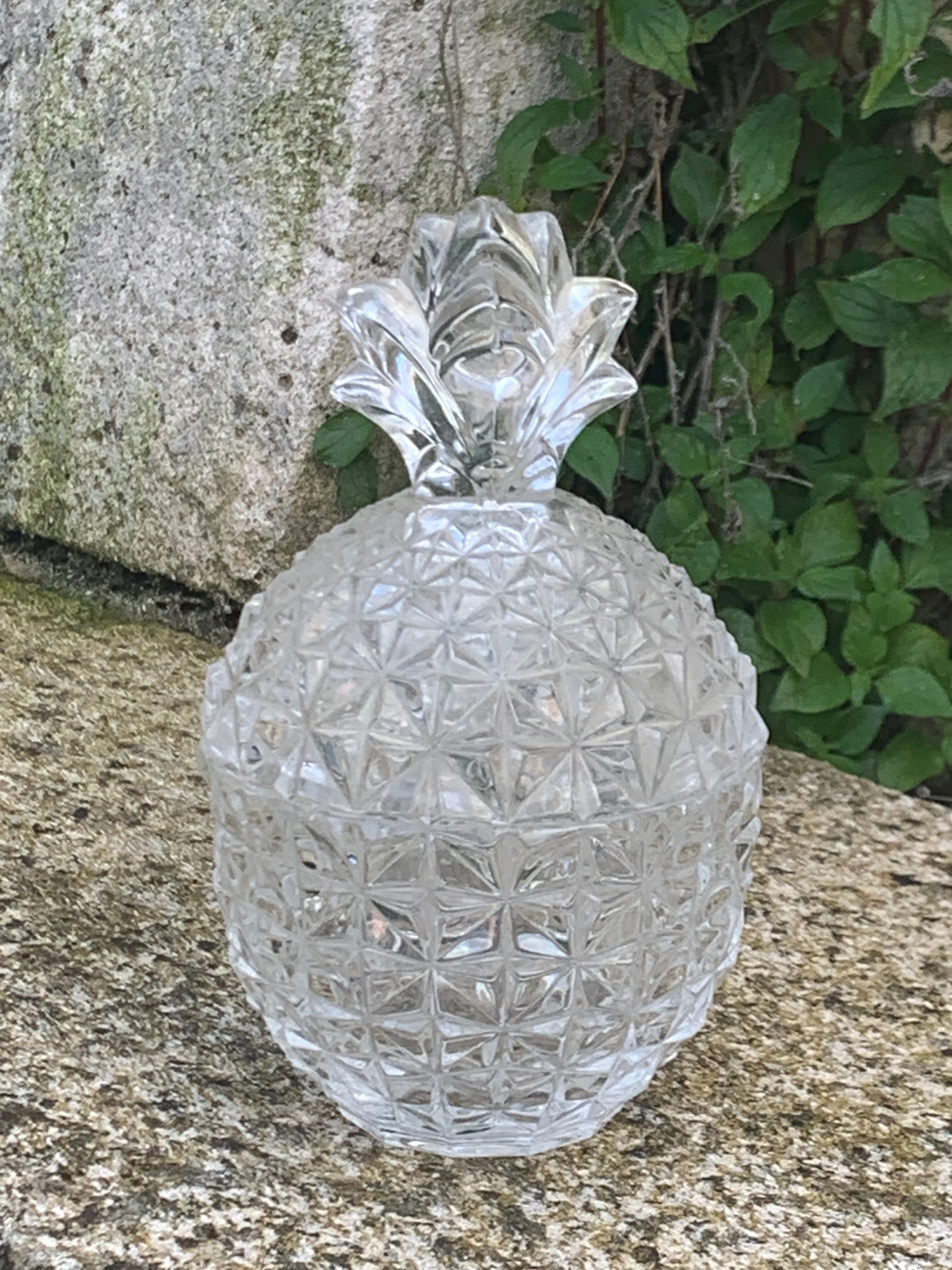 Candy box in the shape of pineapple, vintage transparent glass