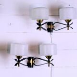 Paire d'applique double, Mid-Century, noir laiton Opaline, France 1950's