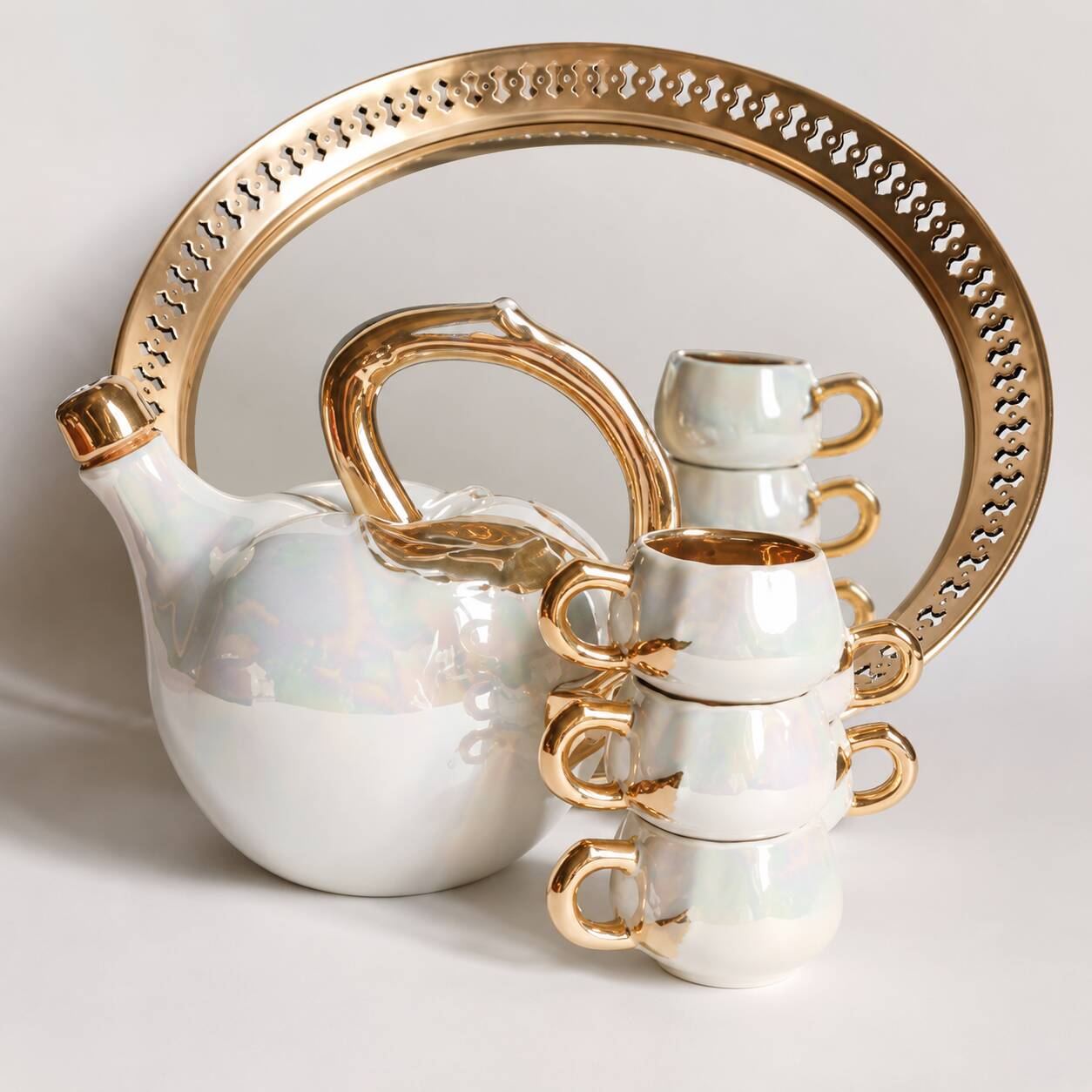 Fruit-shaped liqueur service in porcelain or tea set with its mirror tray.