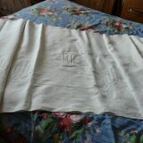 Old hand-embroidered linen sheet 2.42 x 3.17 m MR monogram Early 20th art deco