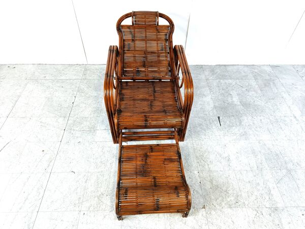 Chaise de jardin, chaise longue en rotin et bambou, années 1950