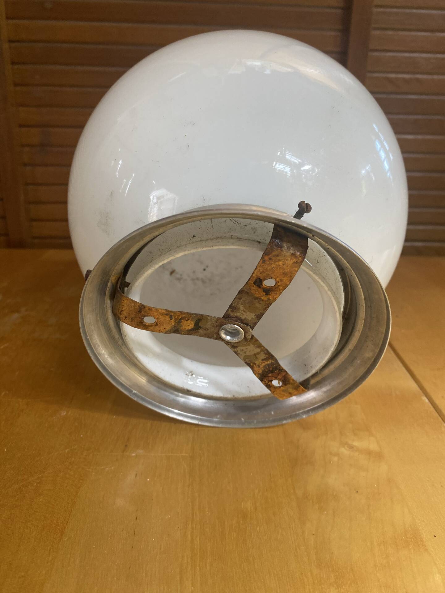 Vintage Ceiling Light Opaline White Ball + Aluminium Support 50s #E