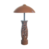 Large carved wooden lamp and mushroom lampshade