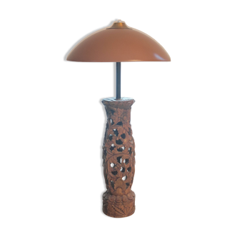 Large carved wooden lamp and mushroom lampshade