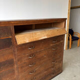 Large wooden workshop cabinet with 16 drawers, antique from the early 1900s.