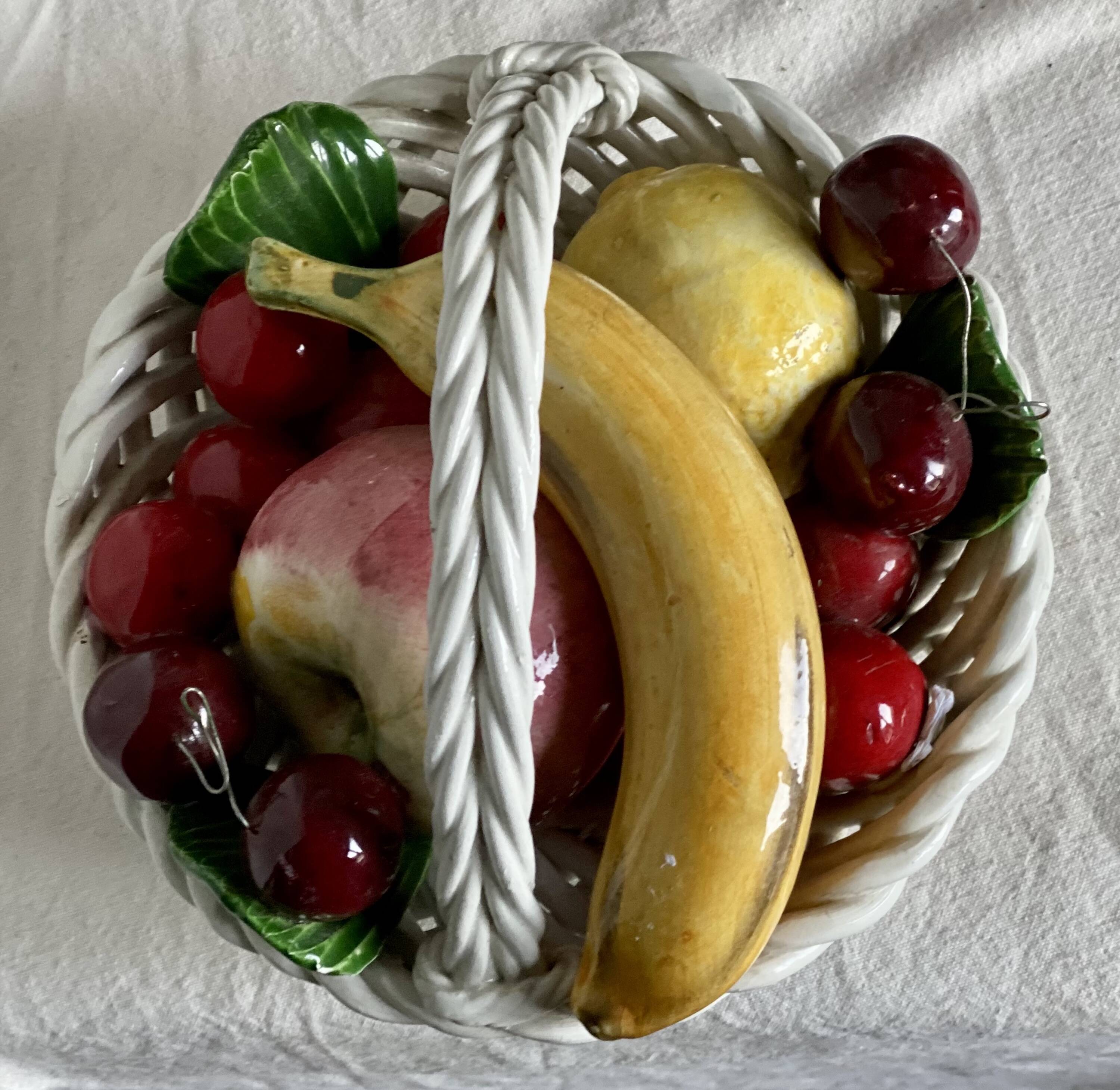 Vintage 1960s Trompe-l'Œil Fruit Basket in Woven Ceramic with Slipware