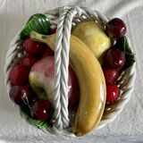 Vintage 1960s Trompe-l'Œil Fruit Basket in Woven Ceramic with Slipware
