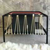 Metal modernist coffee table with scoubidou magazine racks design 1950