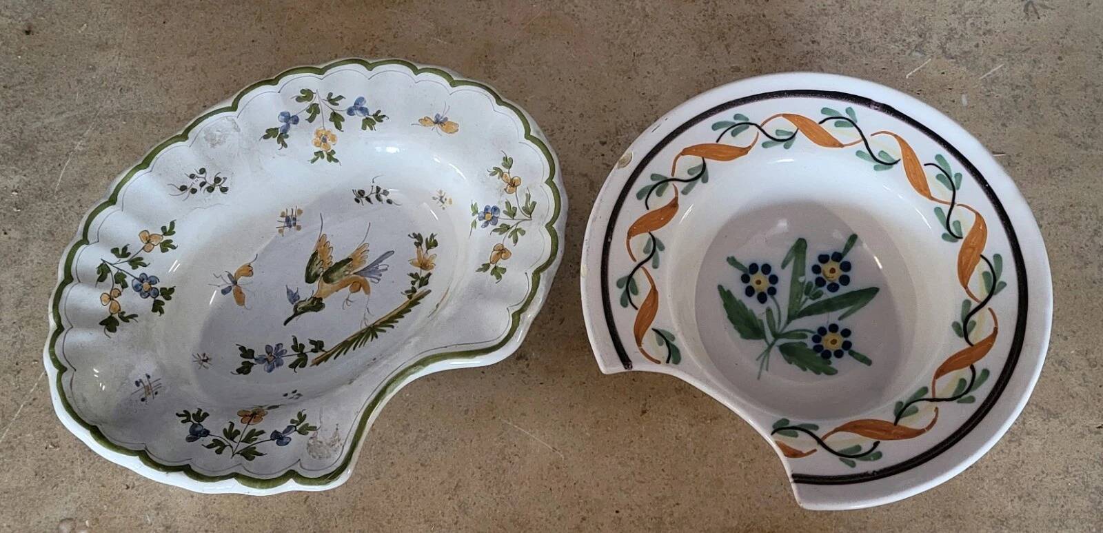 Two antique shaving dishes in decorated earthenware, hand-painted