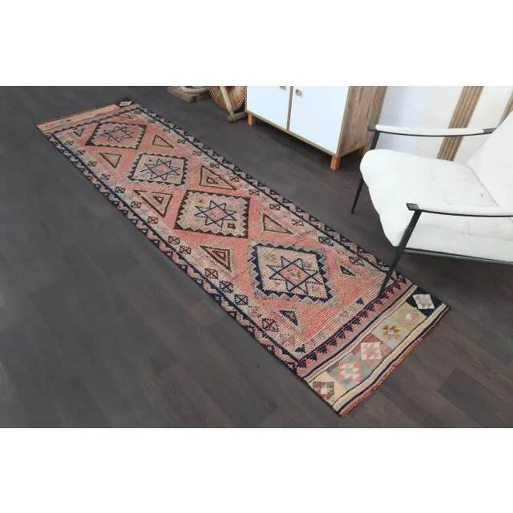 Tapis couloir en laine et coton fait main Oushak turc des années 1970, 84x308.