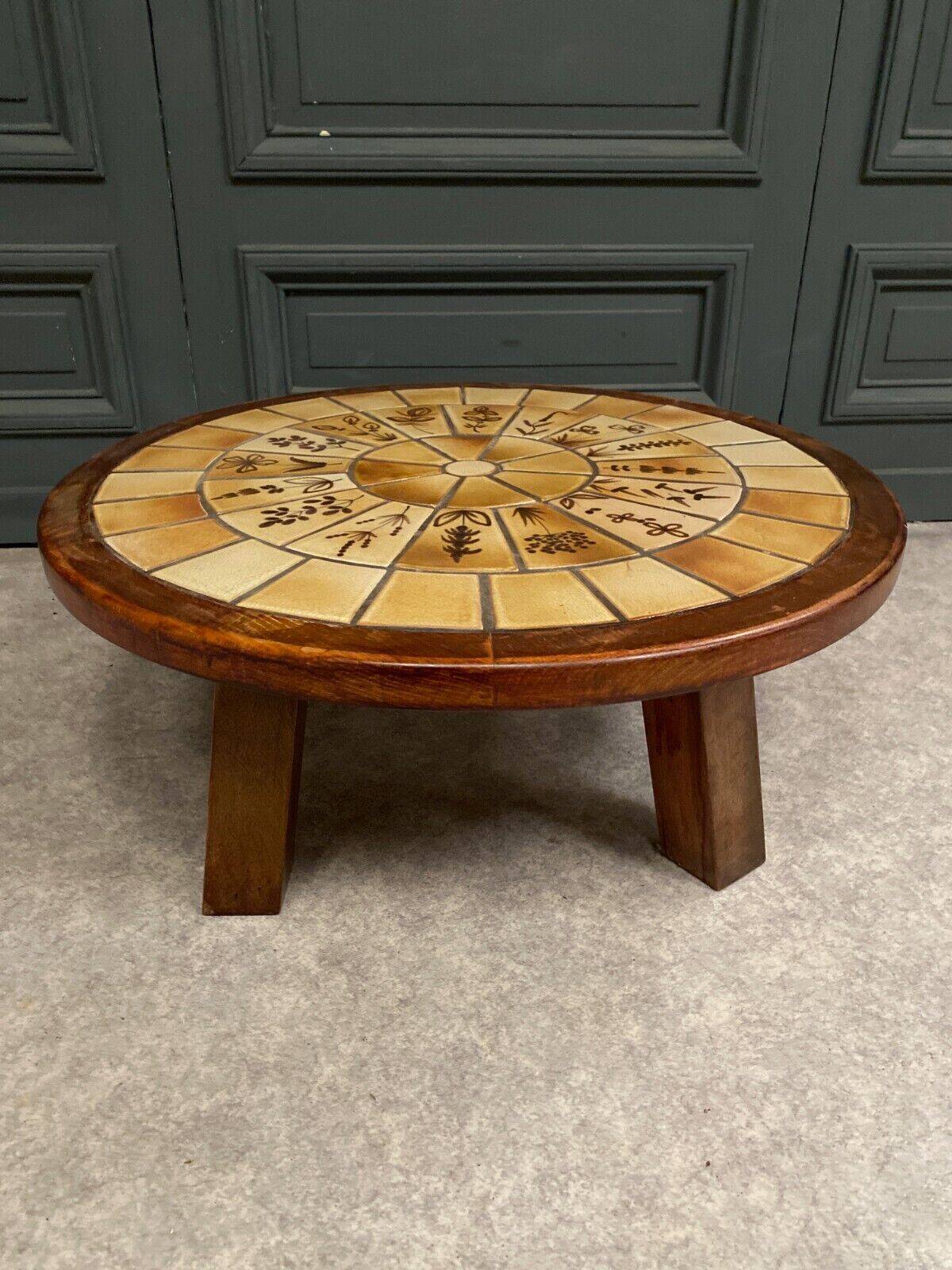 Brutalist ceramic and wood coffee table in the style of Roger Capron