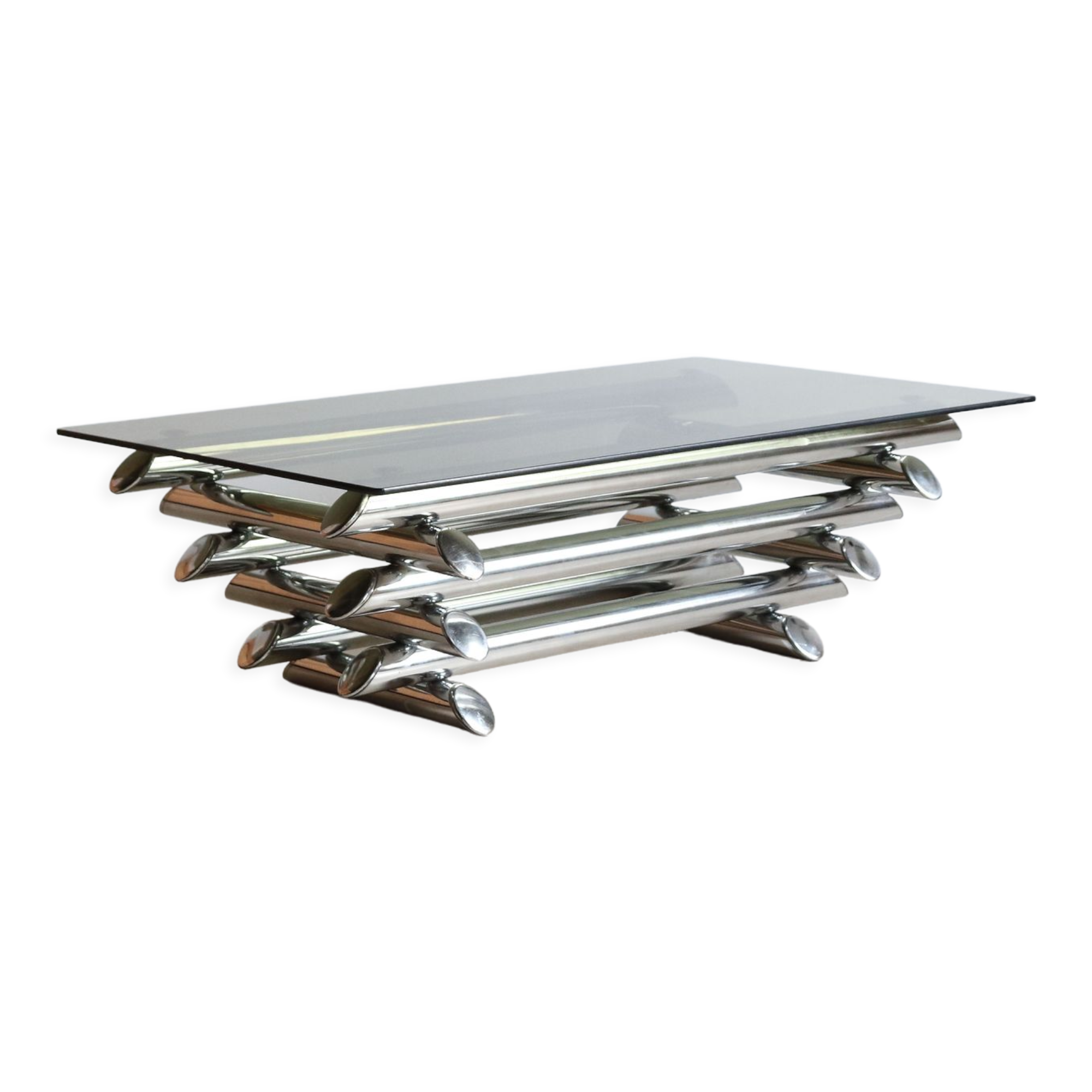 Coffee table in smoked glass and chrome tubular metal, 70s