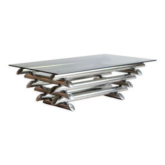 Coffee table in smoked glass and chrome tubular metal, 70s