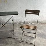 Vintage 1930 brewery terrace table with green metal and wooden folding chair