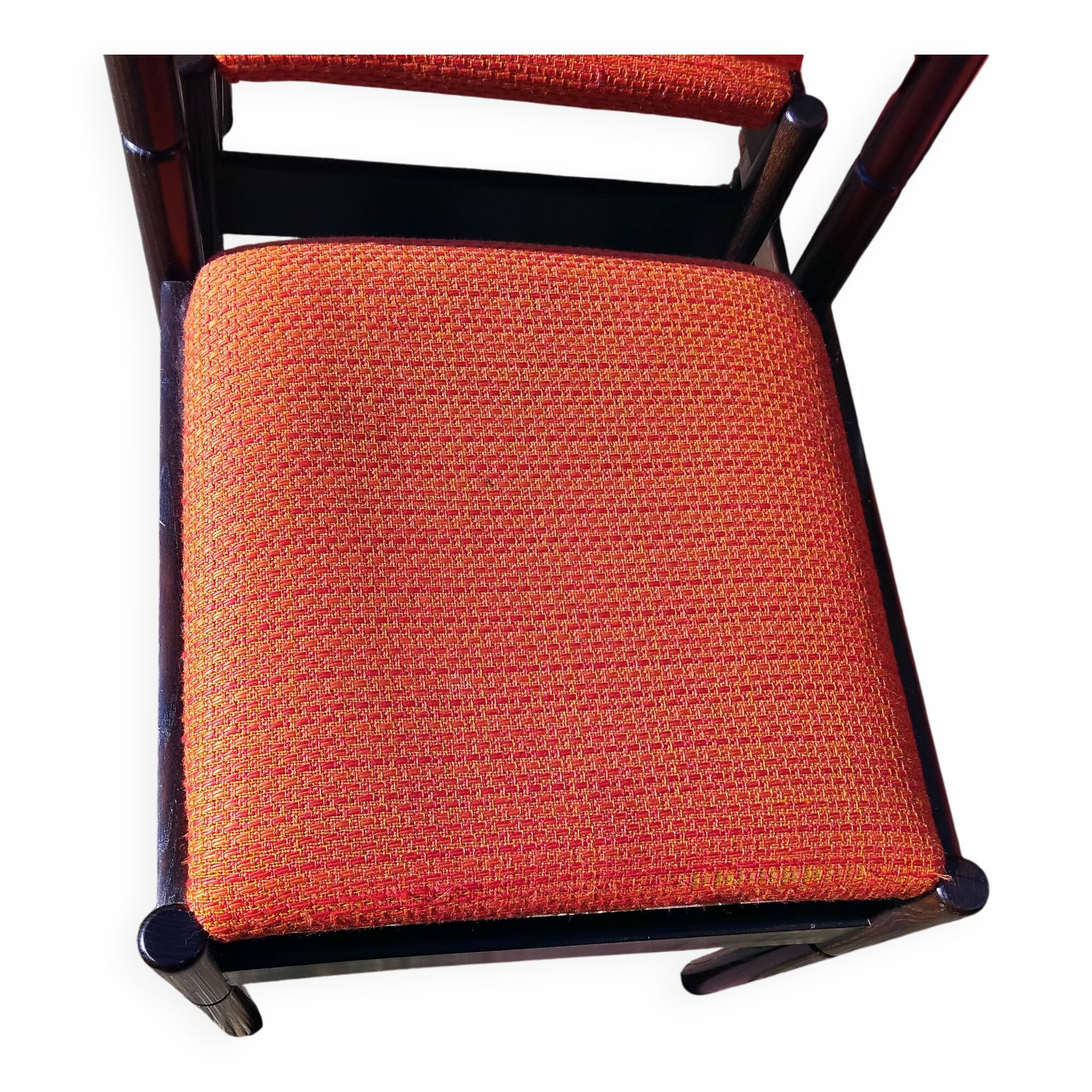 6 vintage wooden and orange fabric chairs