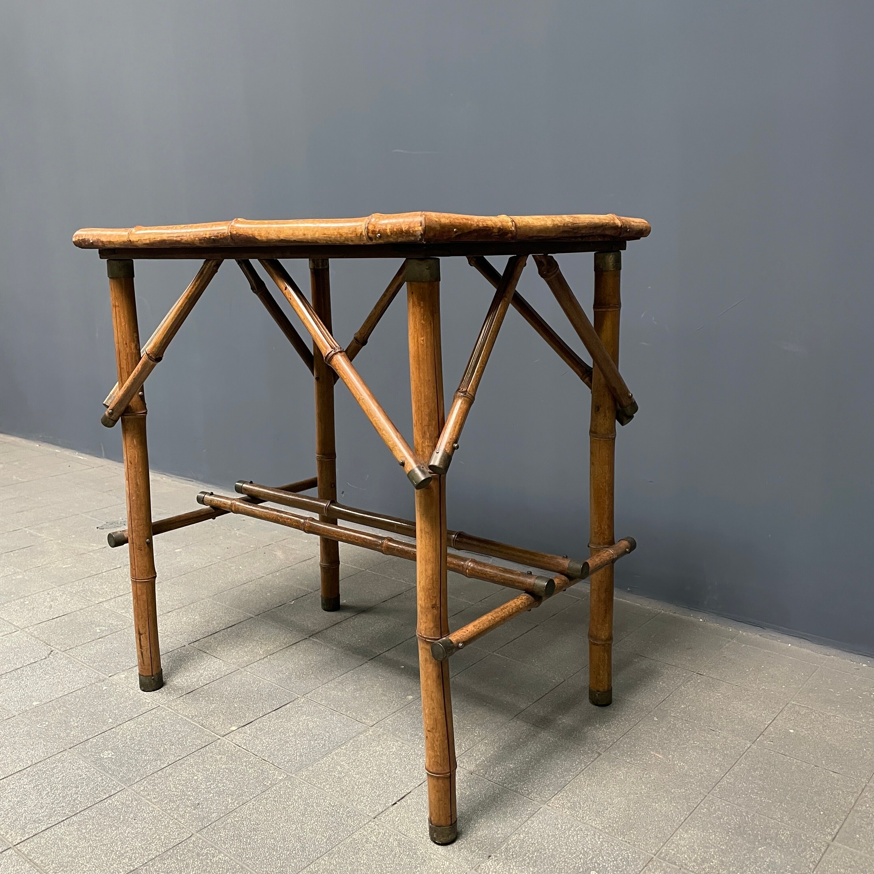 Bamboo side table with mirror top from France, 1940s