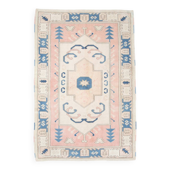 Tapis vintage en laine et coton pêche et bleu