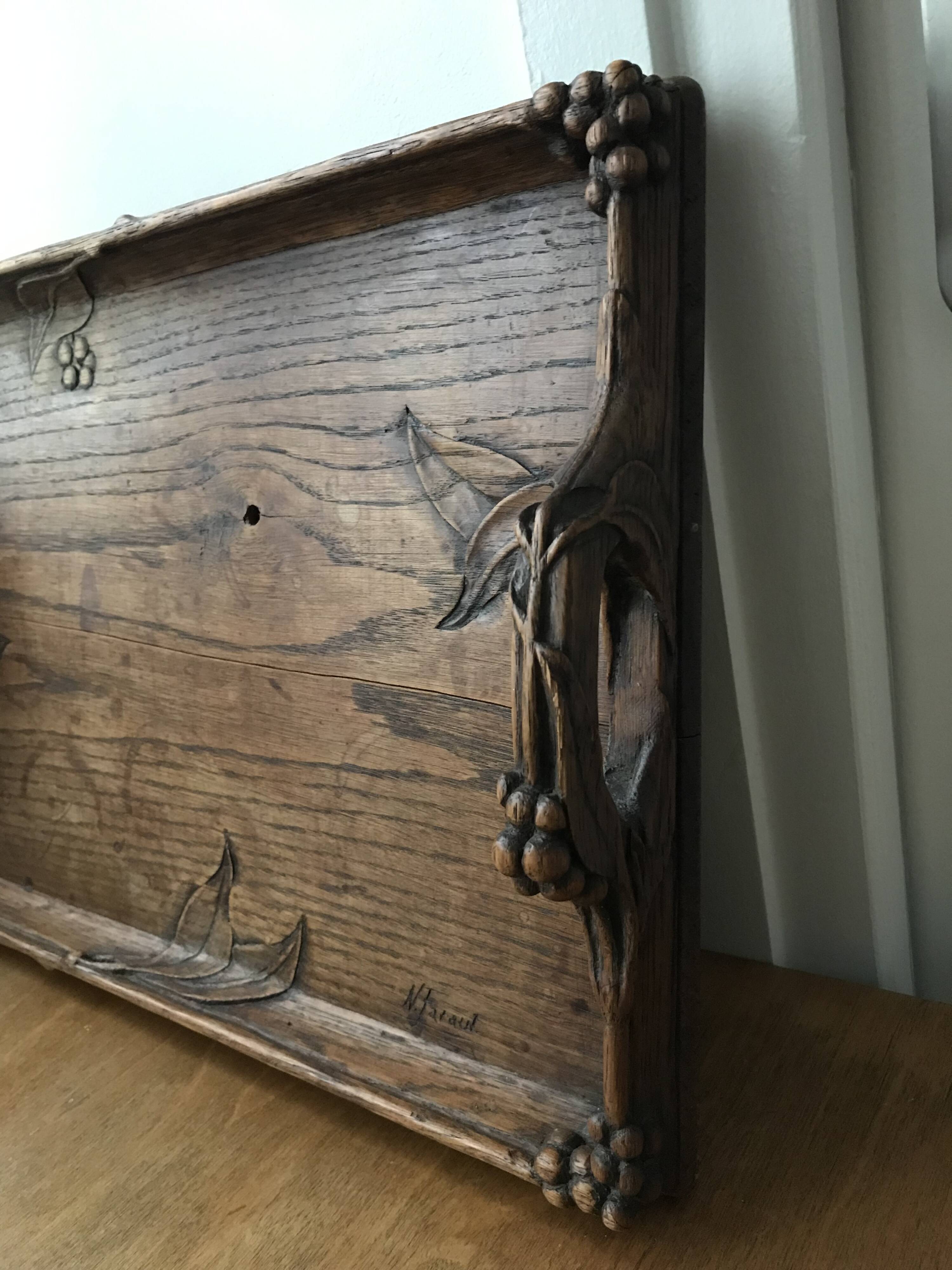 Art Nouveau tray in carved wood signed N.Faraut