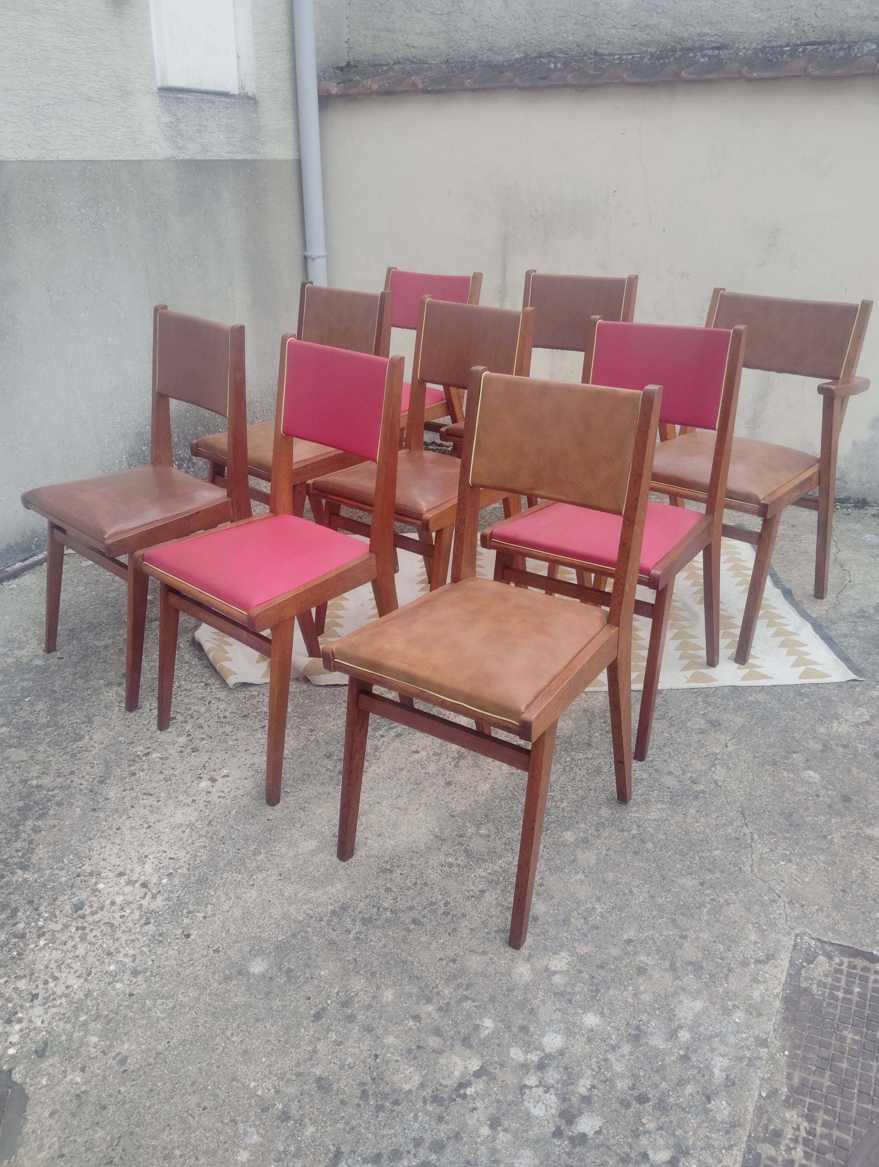 Set 7 chaises et 2 fauteuils bridge vintage chêne+simili