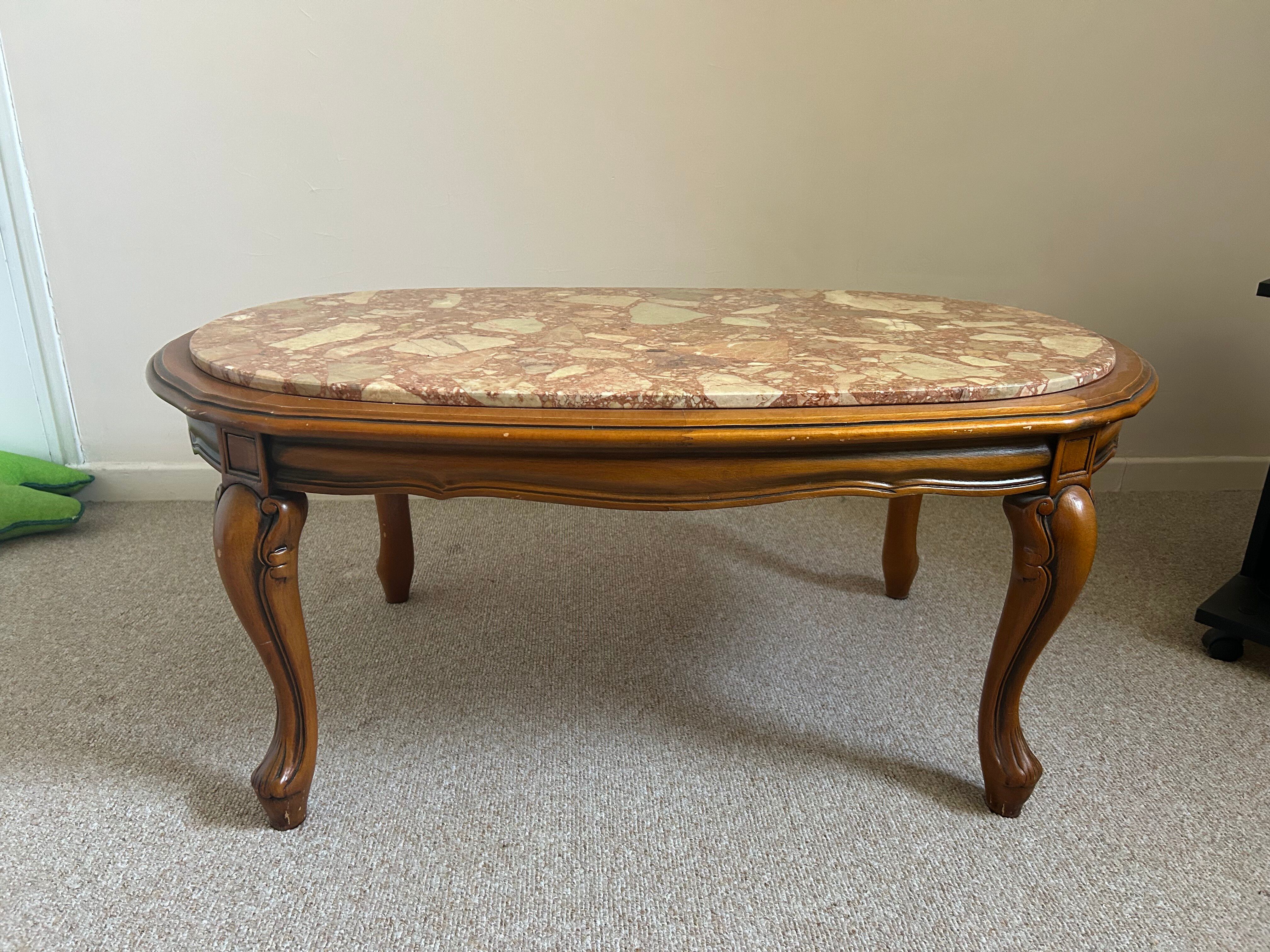 Louis XV style coffee table with marble and solid wood.