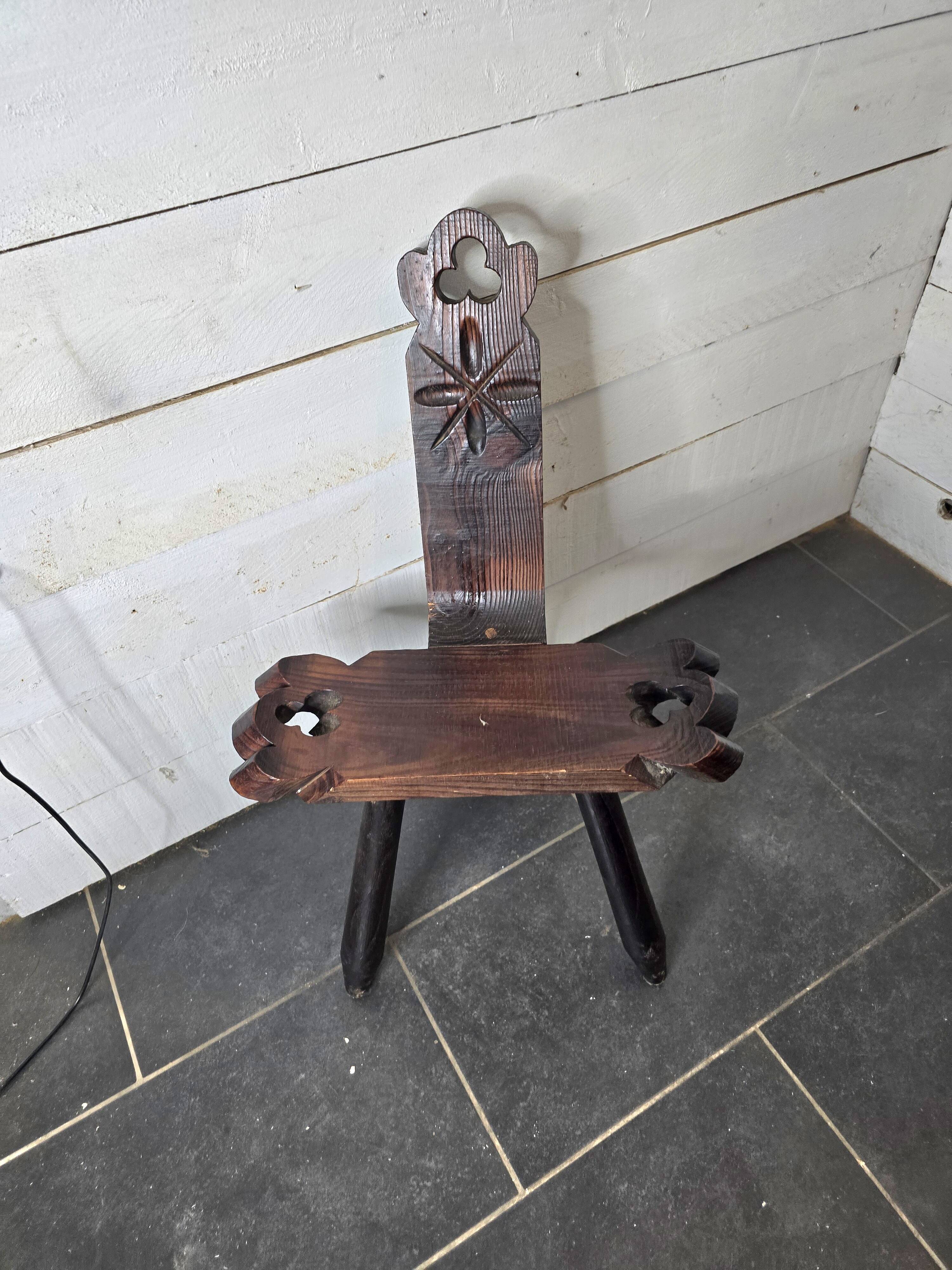 Vintage Spanish tripod chair in carved wood