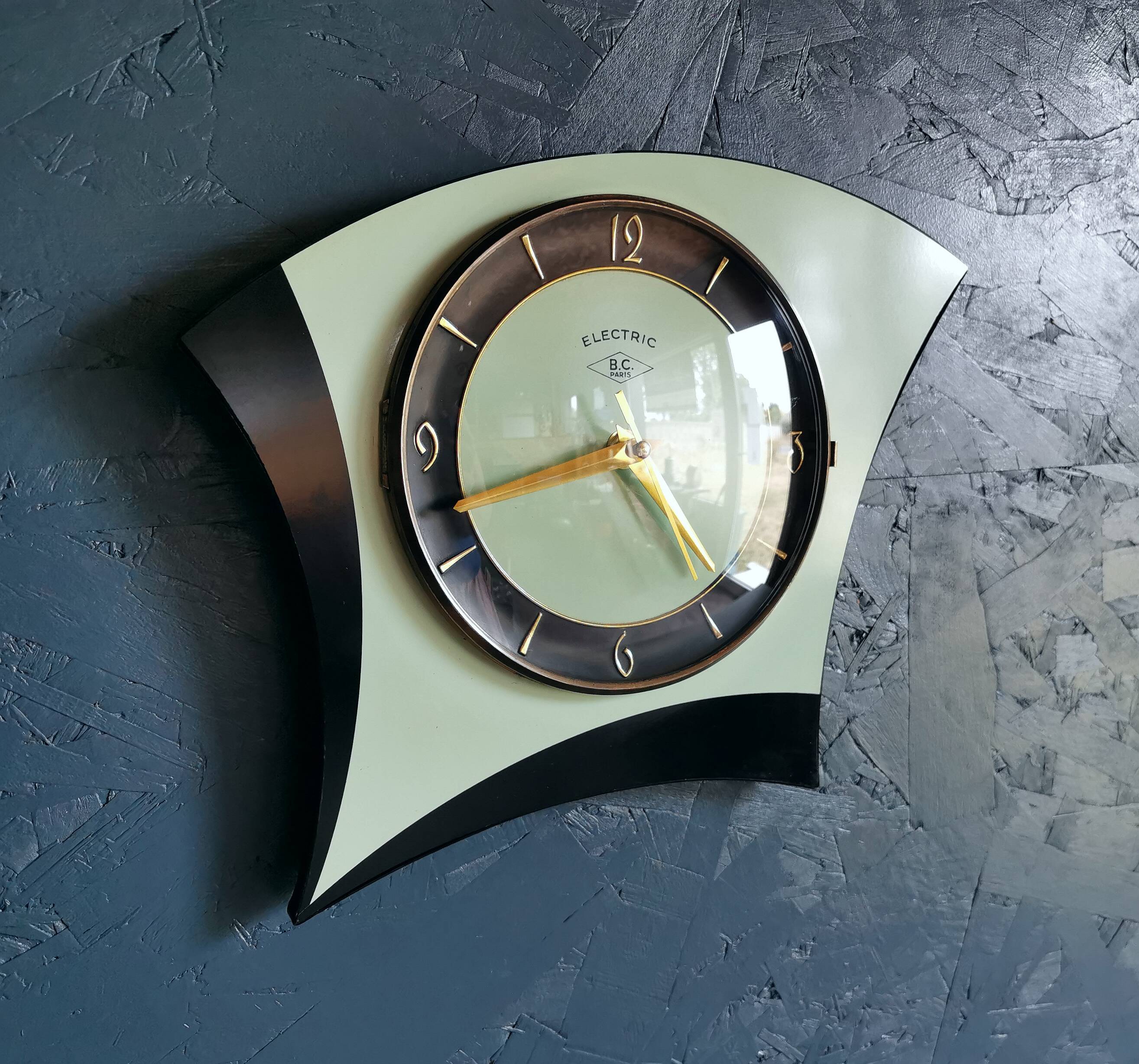 Vintage formica clock asymmetrical silent wall clock "BC Paris electric black green"
