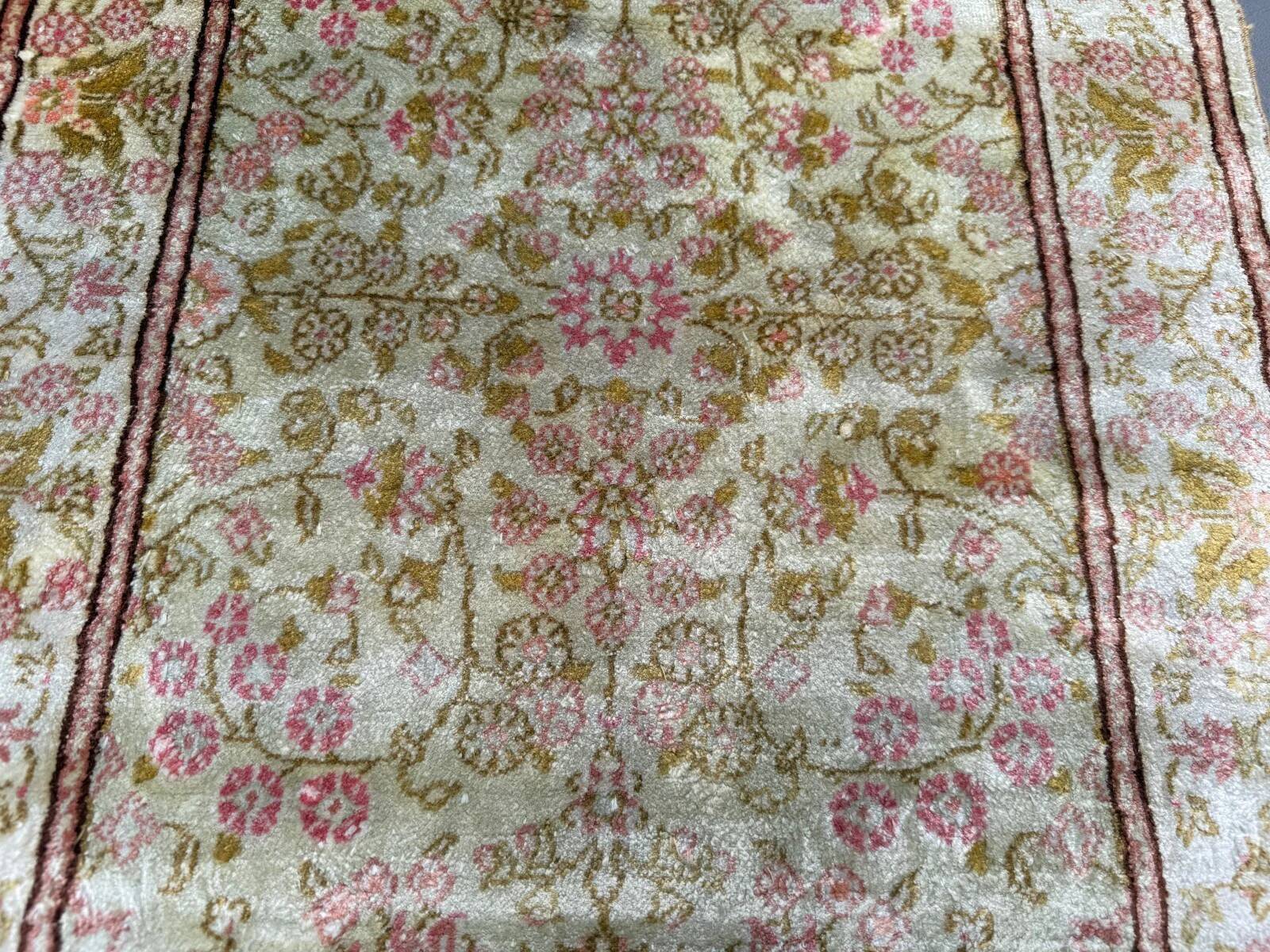 Vintage Turkish Hereke silk rug floral 53x67cm hand knotted gold pink 2538