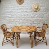 Audoux Minet duo table with bamboo rattan and smoked glass armchairs