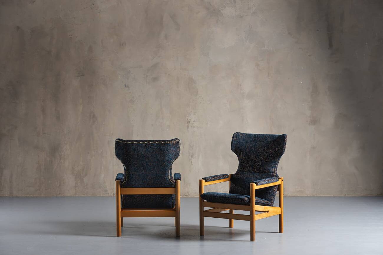 Armchair in teak with blue pattern cushion, Denmark, 1970s, set of 2