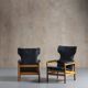 Armchair in teak with blue pattern cushion, Denmark, 1970s, set of 2