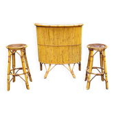Tiki bar and its vintage rattan and bamboo stools, France, 1950s