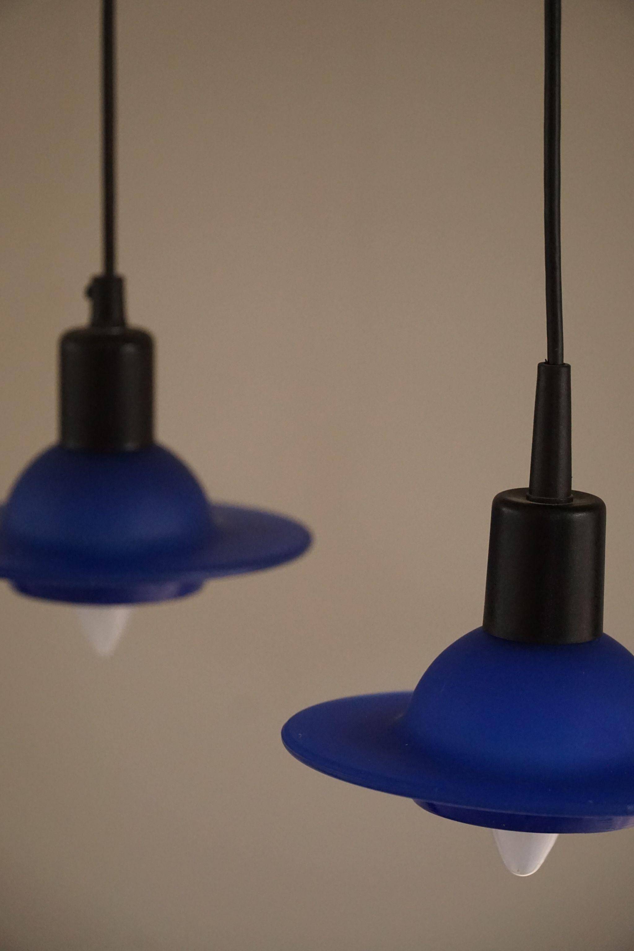 Set of 4 vintage blue glass pendants, made by Design Light A/S, Denmark, 1990s.