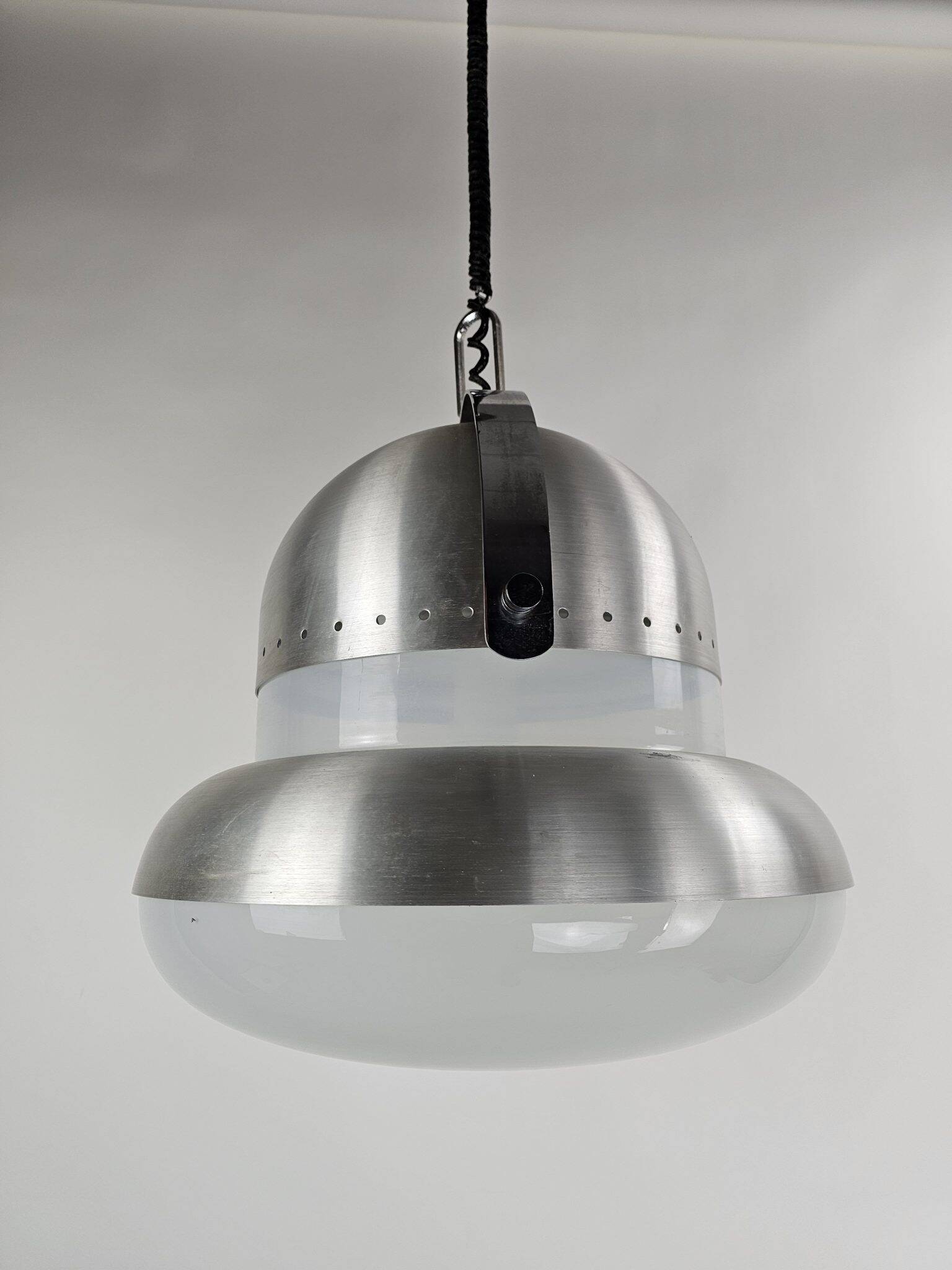 Large pendant lamp in brushed metal and opaline glass, Italy 1970s