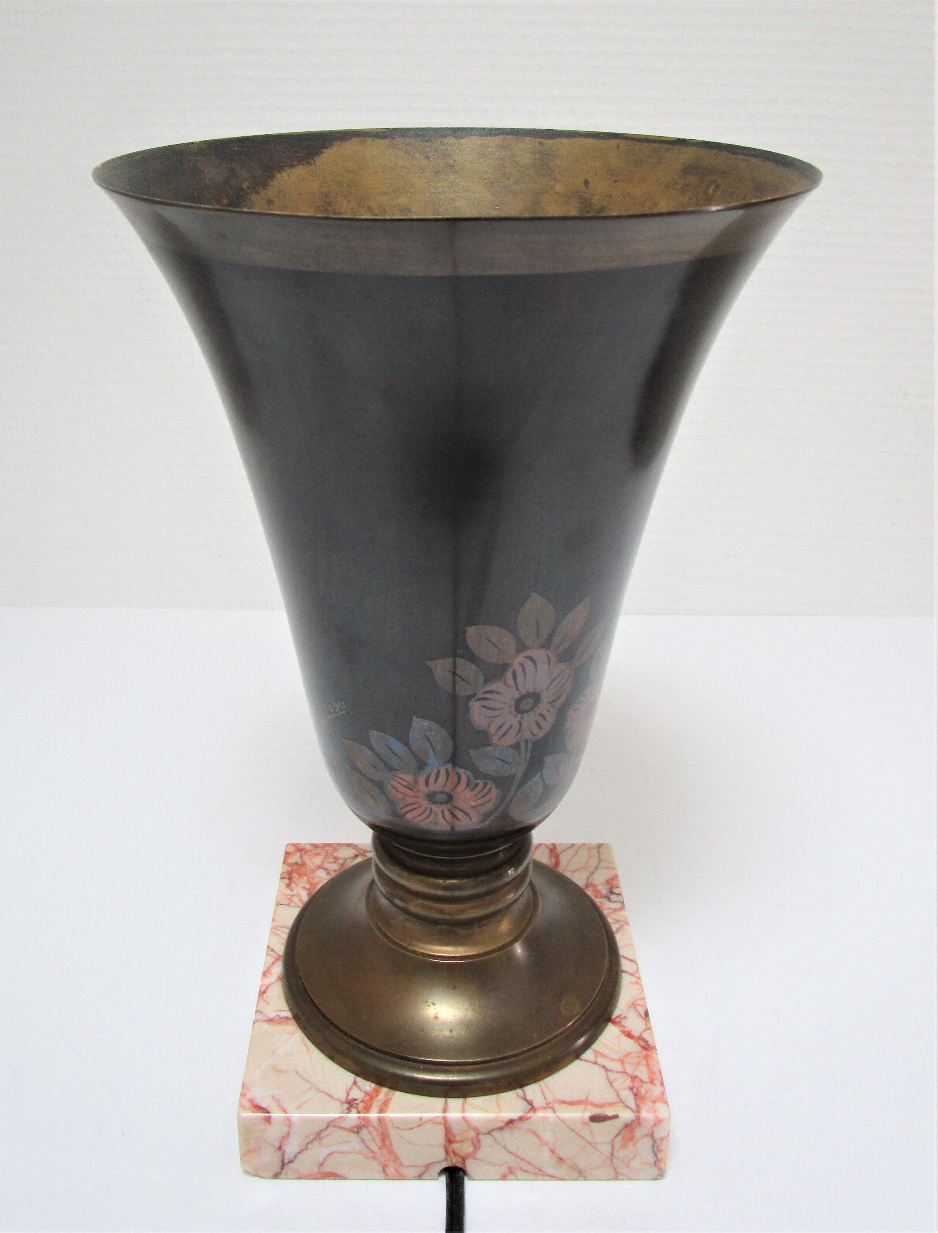 Lampe vasque art déco métal et marbre signée a.ducobu décor fleurs oiseau