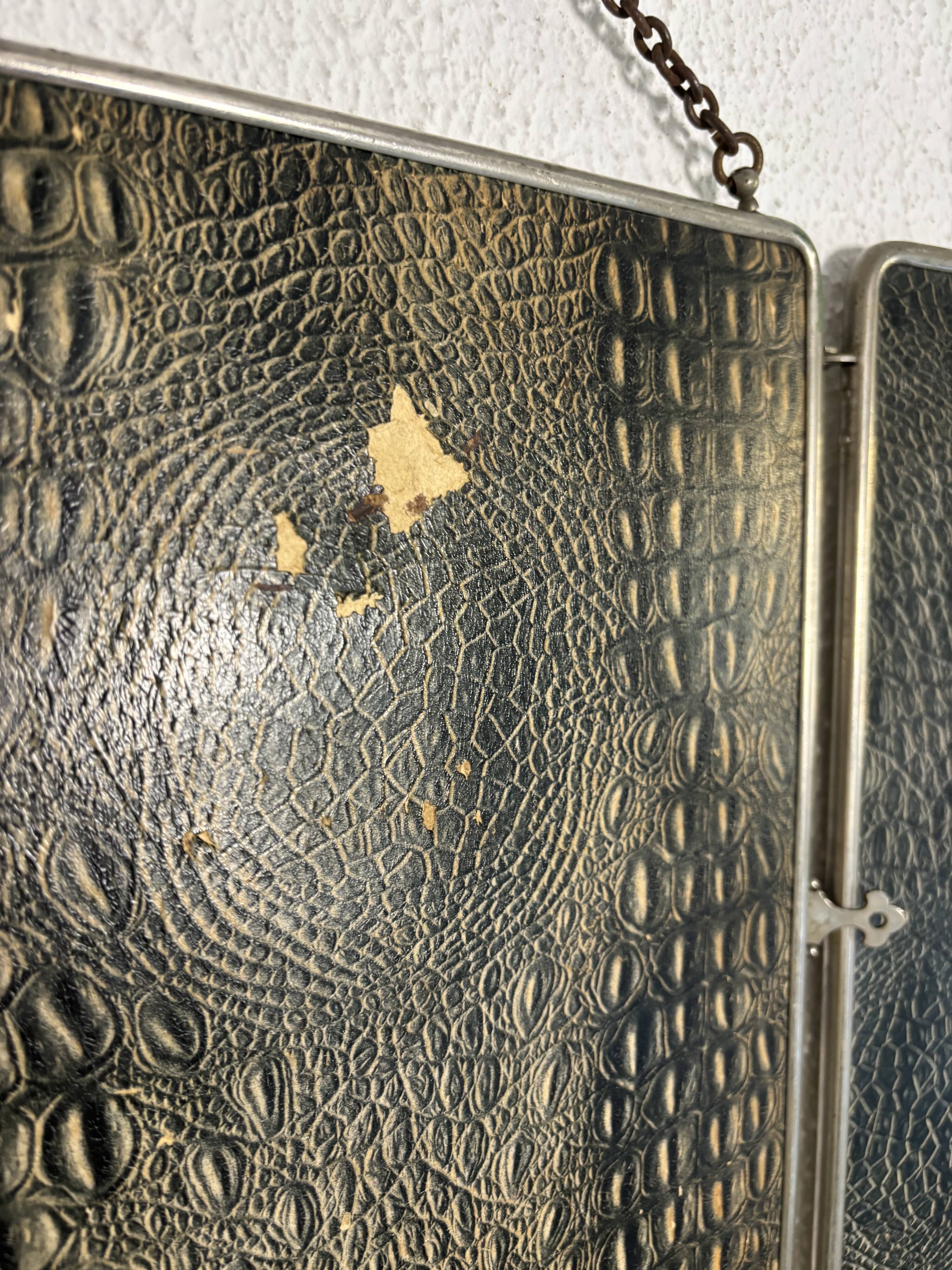 Vintage 1930s triptych barber mirror in black faux crocodile leather - 33 x 84 cm