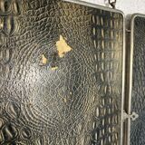 Vintage 1930s triptych barber mirror in black faux crocodile leather - 33 x 84 cm