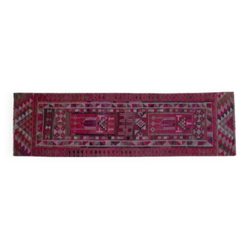 Tapis couloir vintage turc Oushak fait main en laine et coton rose 84x297 cm des années 1970