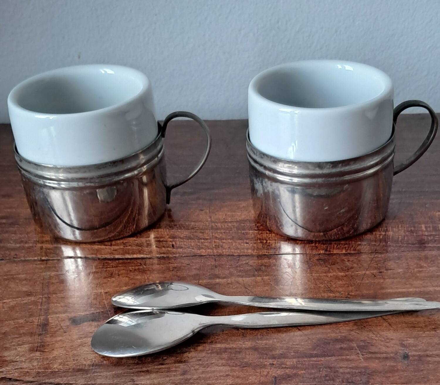 Vintage espresso cups. Porcelain and removable metal stand.