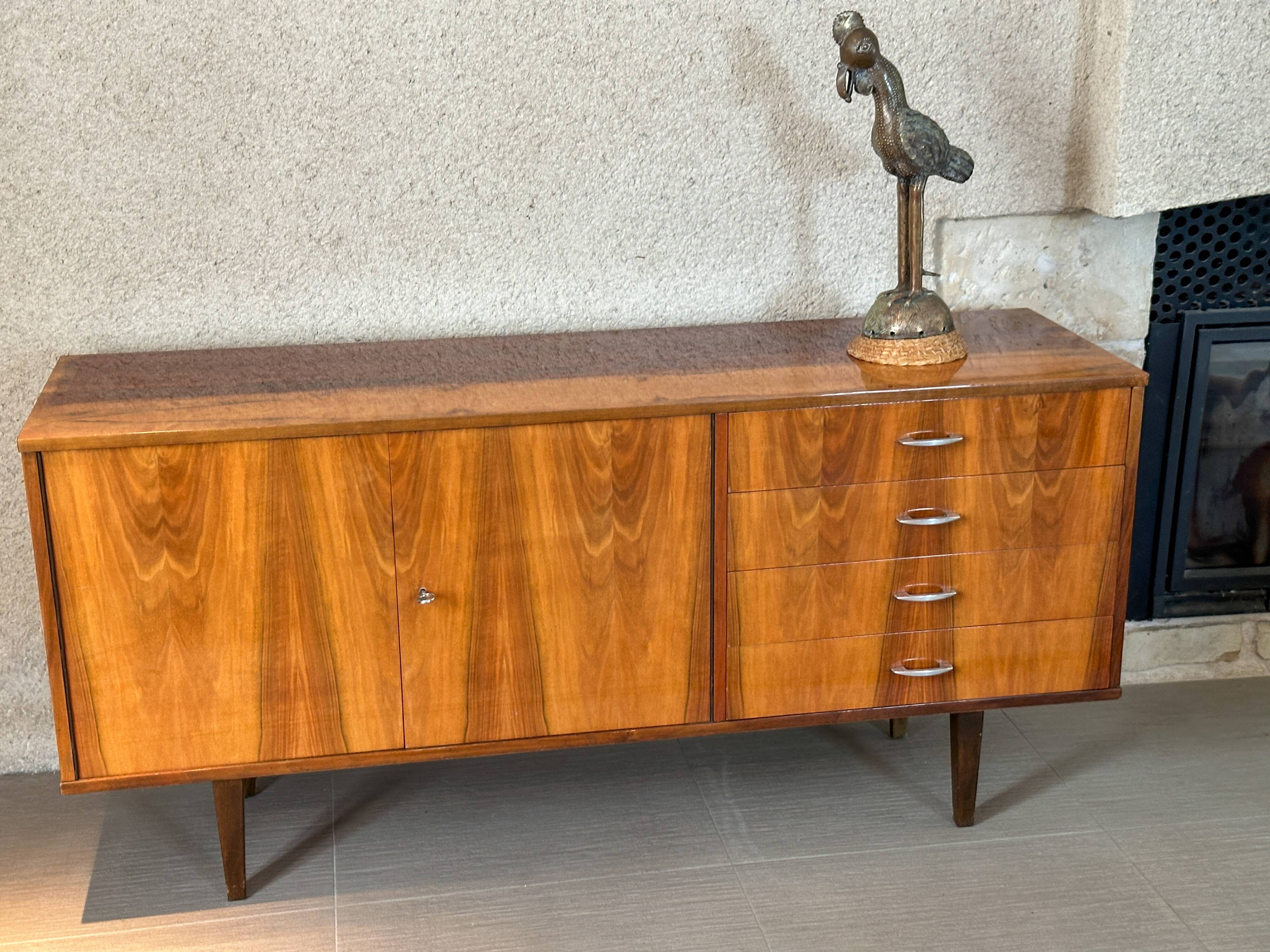 Violetta sideboard/chest of drawers in walnut and mahogany, Piotrkowskie Fabryki Mebli, Poland, 1960.