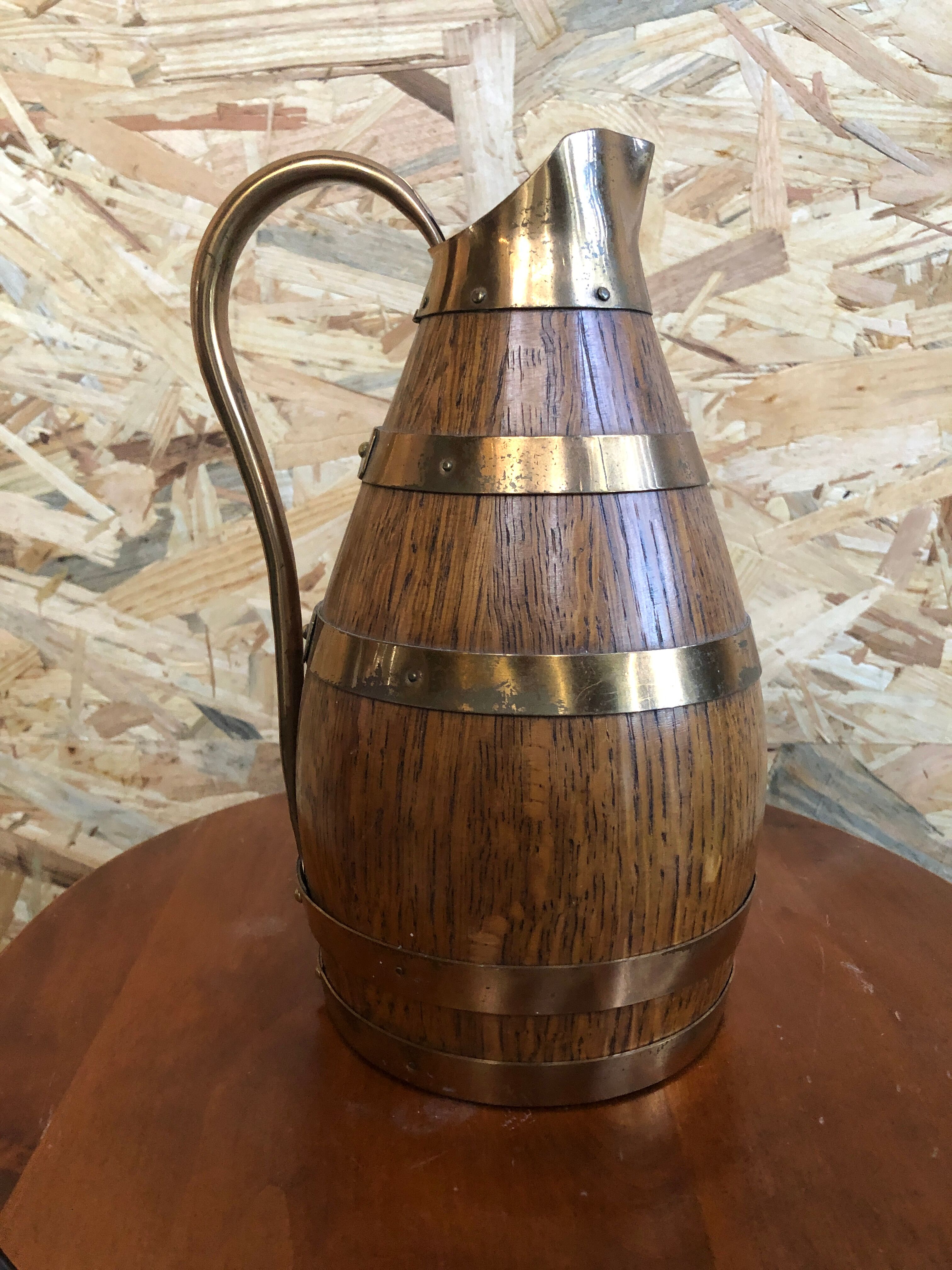 Old pitcher wood + strapping gold metal tableware style xixth vintage