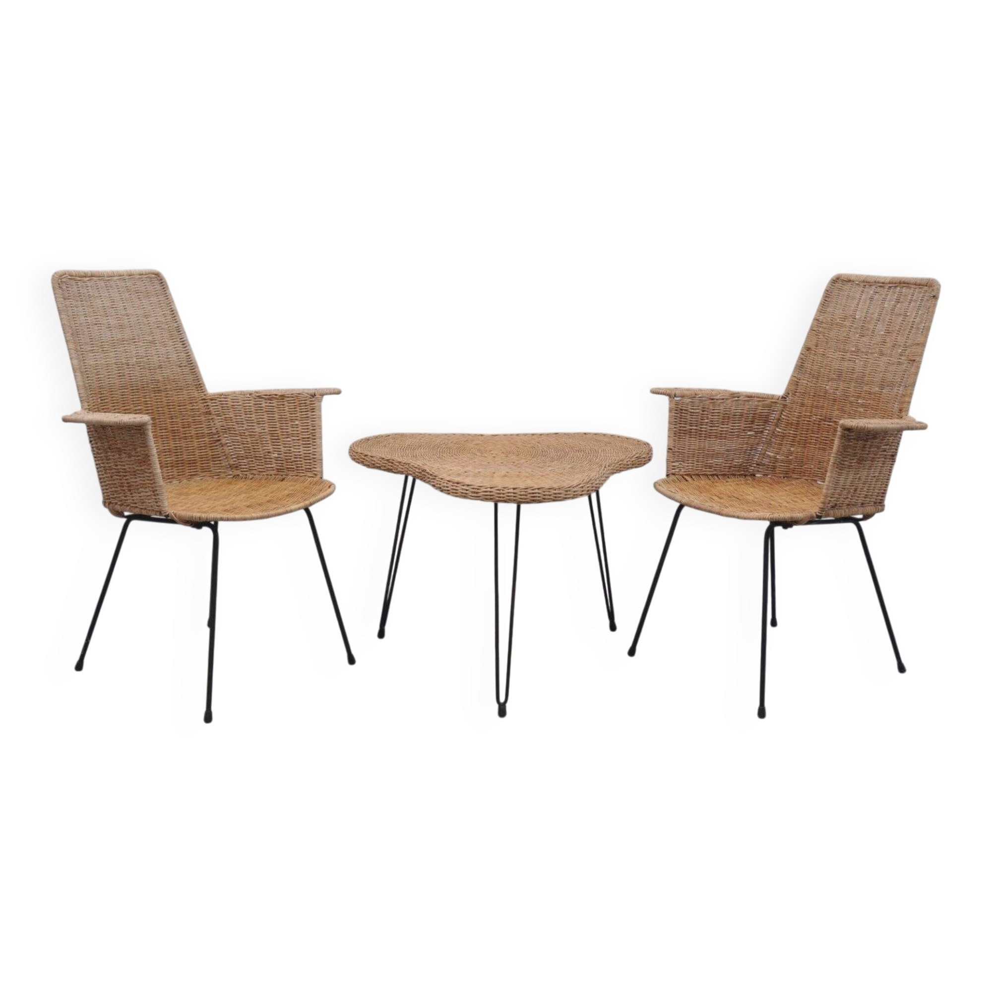 Vintage rattan chairs with table, 1950s, set of 3