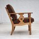 Fauteuil danois des années 1970, revêtement en laine verte, bois de chêne massif.