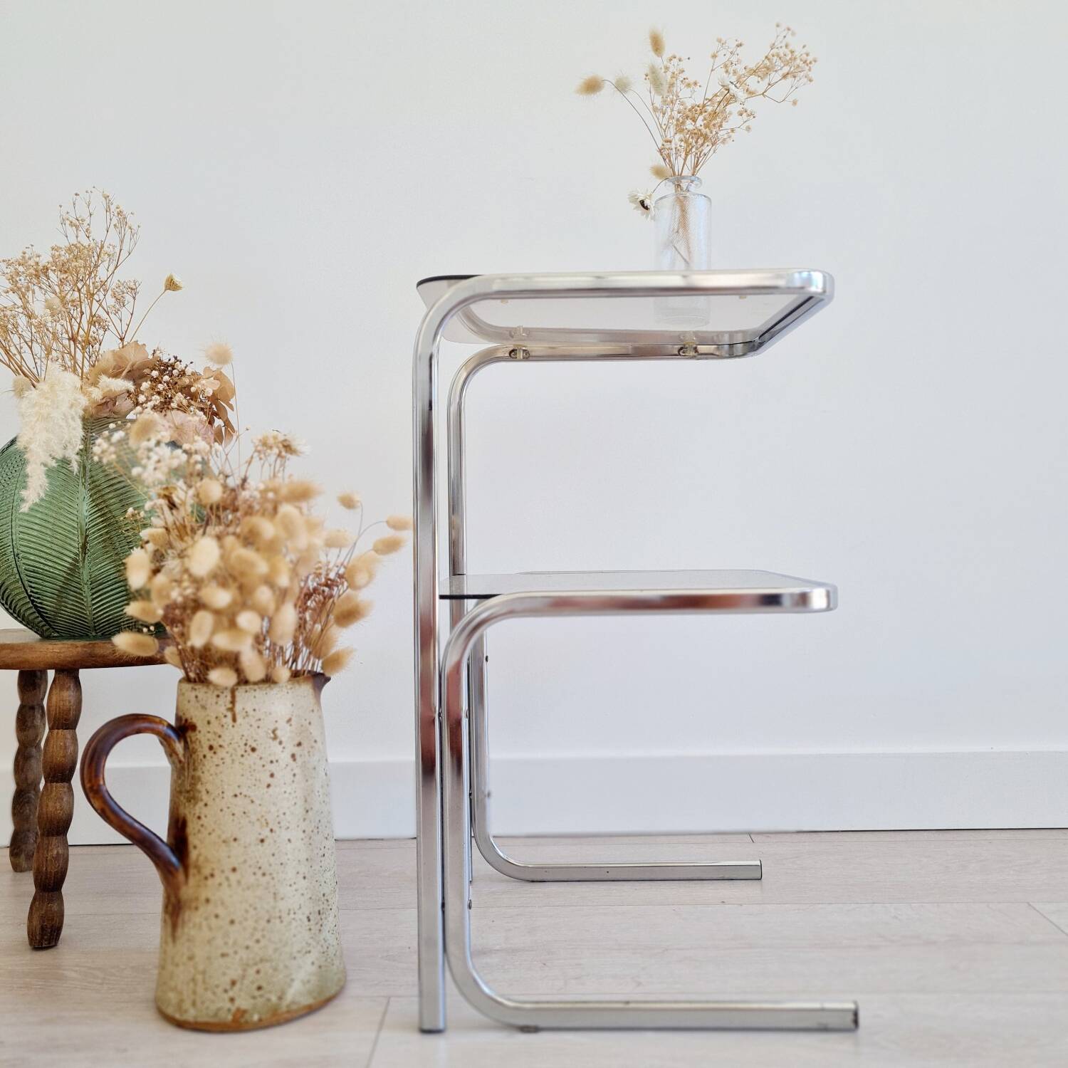 Side table - chrome and smoked glass table - vintage design